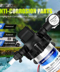 12V Fresh Water Pump For RV And Boat, Diaphragm Pump With 3.5 GPM, 45 PSI, 1/2 NPT Connection, low noise, detachable filters displayed with features.