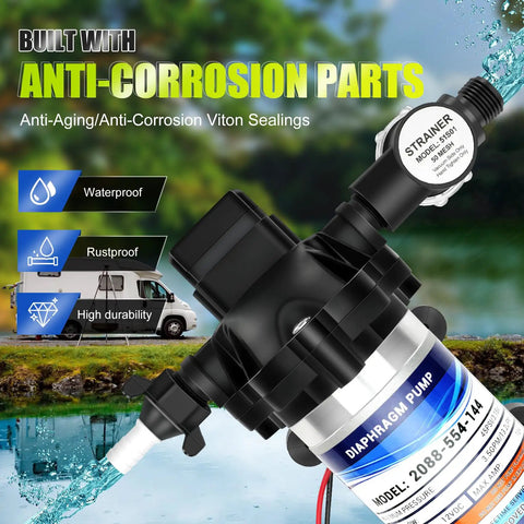 12V Fresh Water Pump For RV And Boat, Diaphragm Pump With 3.5 GPM, 45 PSI, 1/2 NPT Connection, low noise, detachable filters displayed with features.