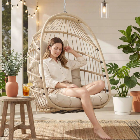 Woman relaxing in an Outdoor Hanging Egg Chair Without Stand For Patio Or Balcony, Wicker Swing Egg Basket With Padded Cushion on a patio.