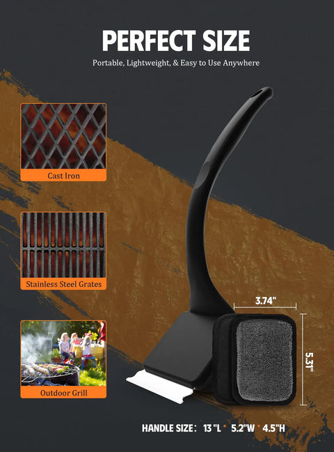Bristle Free Grill Brush With Five Replacement Heads For Cast Iron And Stainless Steel Grates Safe Outdoor BBQ Scraper shown with dimensions