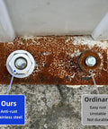 Left: anti-rust stainless steel flat washer with nut; right: ordinary rusted bolt on rusted base plate.