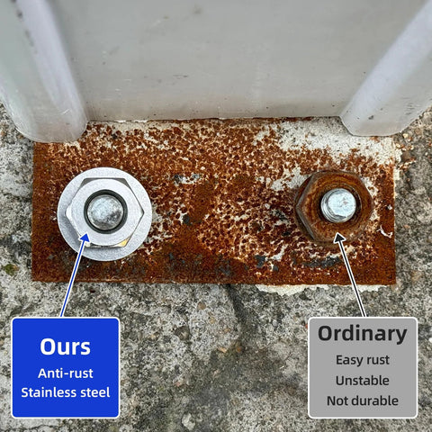 Left: anti-rust stainless steel flat washer with nut; right: ordinary rusted bolt on rusted base plate.