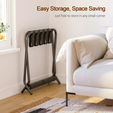 Heavy Duty Foldable Luggage Rack Set Of Two Built Tough Metal Suitcase Stands For Travelers Non Slip Nylon Straps Compact Portable Bag Holders For Guest Rooms Keeps Your Gear Neatly Elevated No Sweat Setup Required Ever