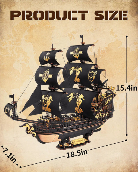 Dimensions of Seahorse Barque 3D Wooden Puzzle for Adults, Sailboat Model Kit With 603 Piece DIY Build shown on map background