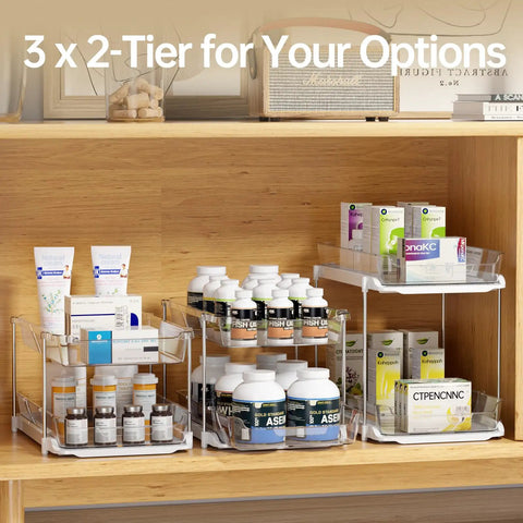 Total Game Changer Clear Three Tier Under Sink Organizer Two Pack with smooth glide finish, displaying lotions and supplements.