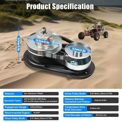 Go Kart Torque Converter Kit 40 Series With 1 Inch Bore for 16 HP Engines featuring pulley dimensions and specifications.