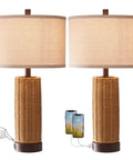 Rattan Table Lamps Set Of 2 For Bedroom With 3 Way Dimmable Touch Control Rustic Natural Wicker Nightstand Lamps With USB Ports