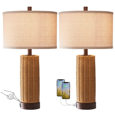 Rattan Table Lamps Set Of 2 For Bedroom With 3 Way Dimmable Touch Control Rustic Natural Wicker Nightstand Lamps With USB Ports