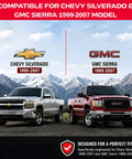 Heavy Duty Manual Tailgate Lock For Chevy Silverado And Gmc Sierra 1999 To 2007 on white and red trucks in scenic outdoor setting.
