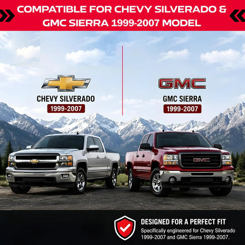Heavy Duty Manual Tailgate Lock For Chevy Silverado And Gmc Sierra 1999 To 2007 on white and red trucks in scenic outdoor setting.