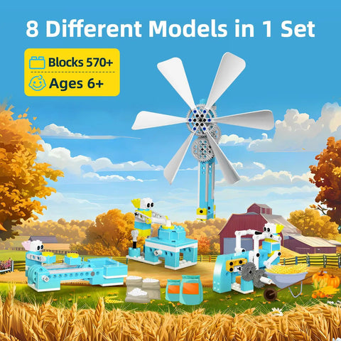STEM Robot Building Kit With 570 Plus Pieces Motorized Farm Themed DIY Science Set, windmill and farm models