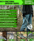 Person holding All In One Folding Tactical Shovel Hatchet Kit With Axe, Flashlight, Extension Handles and Multi Tool in a forest.
