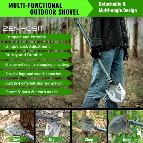 Person holding All In One Folding Tactical Shovel Hatchet Kit With Axe, Flashlight, Extension Handles and Multi Tool in a forest.