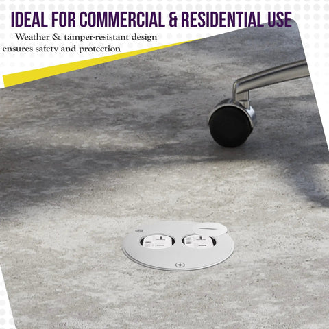 Real Deal Stainless Steel Four Inch Screw Cap Floor Box Cover With Twenty Amp Outlet For Hardwood Tile And Marble Floors No Fuss Clean Install Quick Flush Mount Power Drop in a floor with two outlets.