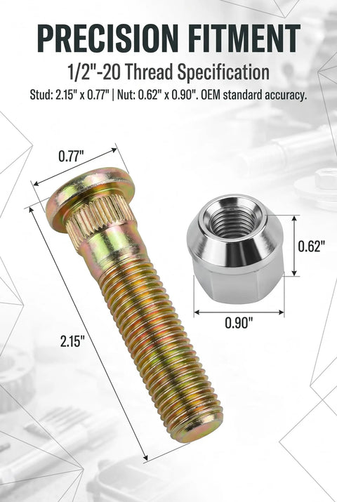 Upgrade Your Ride With 5 Pack 1/2 Inch 20 Taper Wheel Studs And Lug Nuts Kit High Strength Tire Bolts To Replace Old Worn Out Parts For Most Cars In Sweet Gold Finish, 1/2-20 specs