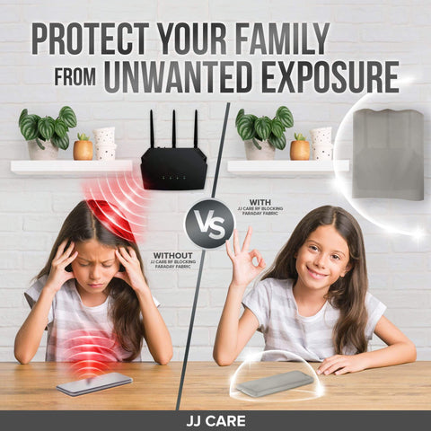 Comparison of a girl using a tablet with and without Faraday Shield Cloth Kit For EMP And EMI Protection, preventing unwanted exposure.