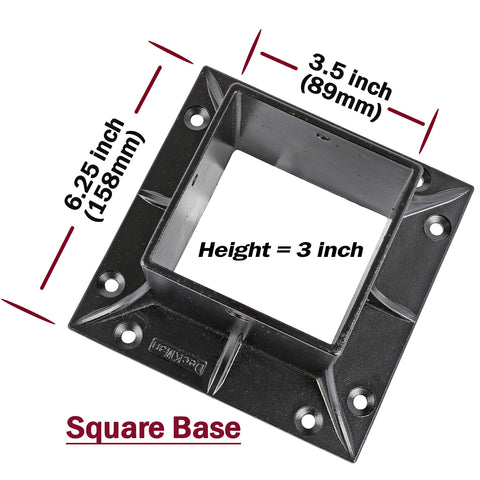 Stainless Steel Wood Post Anchor For 3.5 By 3.5 Posts, 4x4 Nominal, Black Finish, Square base diagram with measurements