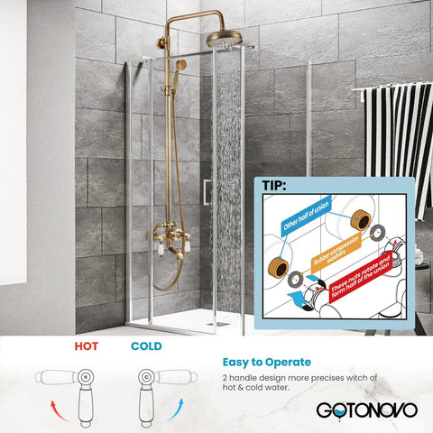 Antique Brass Shower Faucet With 8 Inch Rain Head And Handheld Spray Double Lever Handle Tub Spout Triple Function Wall Mount Bath Fixture Anti Rust Corrosion Resistant Built To Last installed in modern bathroom.