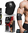 41 Inch Elbow Wraps For Weightlifting For Lifters Pair With Stretchable Breathable Compression Strap For Bench Press And Powerlifting Supports Elbow Joint Stability During Presses For Men Black displayed on packaging and in use on muscular arm holding dumbbell.