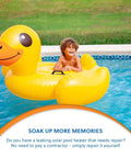 Child on yellow duck float in pool, promoting Universal Solar Pool Heater Repair Kit With 0.25 Inch Plugs For Fixing Leaky Solar Panels In Minutes.