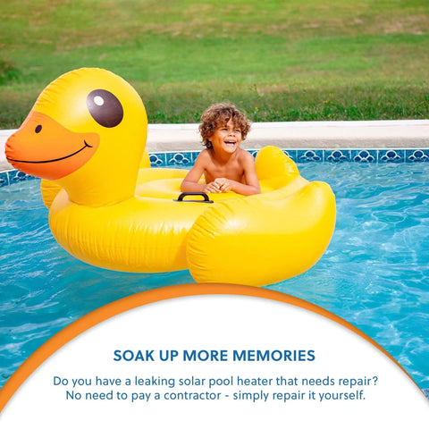 Child on yellow duck float in pool, promoting Universal Solar Pool Heater Repair Kit With 0.25 Inch Plugs For Fixing Leaky Solar Panels In Minutes.