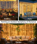 200 LED Curtain String Lights For Indoor Outdoor Use With 8 Modes And Timer Warm White Fairy Lights illuminating patio and garden