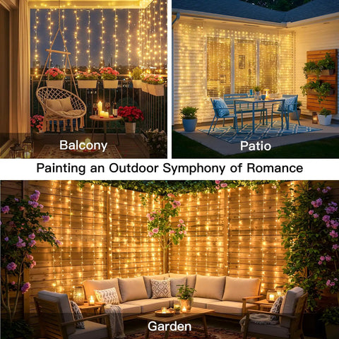 200 LED Curtain String Lights For Indoor Outdoor Use With 8 Modes And Timer Warm White Fairy Lights illuminating patio and garden