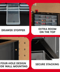 24 Drawer Plastic Storage Organizer Cabinet For Garage Tools Beads Crafts Balloons Building Bricks Stickers And Small Biz Supplies Durable Black Storage Organizer Made In USA showing features like drawer stopper, extra room, wall mounting design, and secure stacking in a pegboard setting.