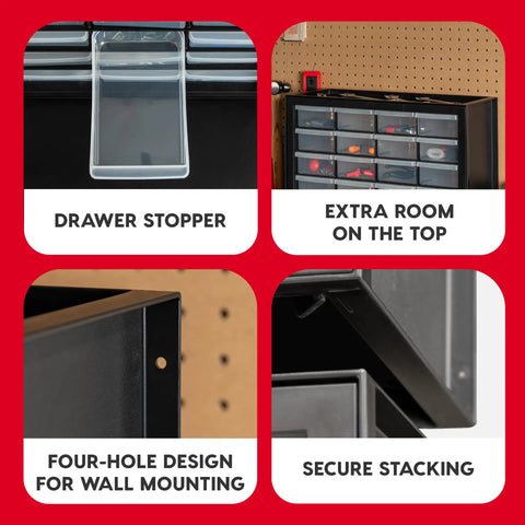 24 Drawer Plastic Storage Organizer Cabinet For Garage Tools Beads Crafts Balloons Building Bricks Stickers And Small Biz Supplies Durable Black Storage Organizer Made In USA showing features like drawer stopper, extra room, wall mounting design, and secure stacking in a pegboard setting.