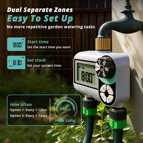 Brass Sprinkler Timer With Waterproof LCD Screen, Programmable Hose Watering System for Garden, 2 Zone, Leak Proof