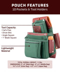 OxyLights 4 Pouch Fastener Bag Right Hand With 10 Pockets And Tool Holders Built For Framing And Carpentry Pros Heavy Duty Pro Grade Leather Made In USA, green bag with tool capacity and dimensions displayed.