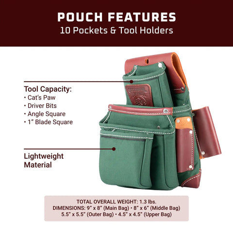 OxyLights 4 Pouch Fastener Bag Right Hand With 10 Pockets And Tool Holders Built For Framing And Carpentry Pros Heavy Duty Pro Grade Leather Made In USA, green bag with tool capacity and dimensions displayed.