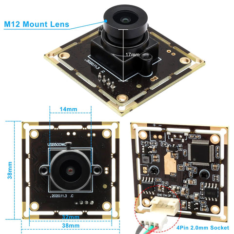 5MP USB Camera Module with 2.1mm lens, dimensions highlighted, showcasing front and back views for machine vision and inspection.