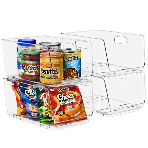 Stackable Open Front Storage Bins For Kitchen And Pantry Organization Clear Pantry Organizer Bins Medium Set Of Four Easy Grab Bins For Fridge Cabinets And Shelves with snacks and jars