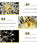 Close-up of Lit Modern Gold Crystal Chandeliers With Firework Dandelion Sputnik Design, showing crystal detail and bulb base.