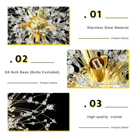 Close-up of Lit Modern Gold Crystal Chandeliers With Firework Dandelion Sputnik Design, showing crystal detail and bulb base.