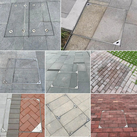 Stainless Steel Invisible Manhole Cover With Frame And Handles, 14 By 14 Inch Recessed Square Lid installed in various outdoor settings