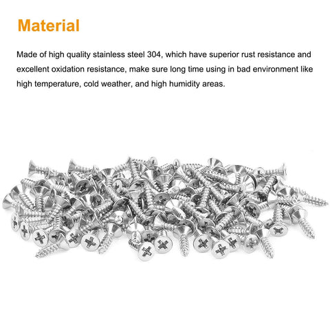 Top Shelf 200 Piece Pack Of Size Six By Half Inch Phillips Countersunk Flat Head Wood Screws Heavy Duty 304 Stainless Steel self tapping fasteners in a pile.