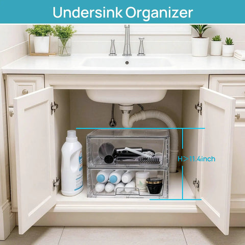 Stay Flawlessly Organized With These Hella Spacious Clear Stackable Storage Drawers 2 Pack Large Plastic Bins For Pantry Closet Heavy Duty Boxes For Daily Essentials in undersink storage.