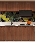 Modern kitchen with wood grain cabinets and tropical leaf wallpaper backsplash.