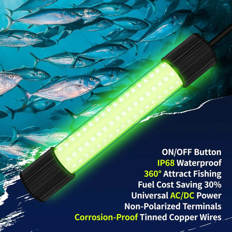 Underwater Green Fishing Light IP68 1300 Lumen Compatible With DC 12 To 24V And AC 12 To 36V shown glowing underwater attracting fish
