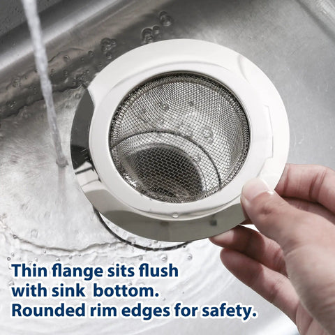 Heavy-Duty Kitchen Sink Strainer Set, 2 Dope Stainless Steel Mesh Drain Screens with Wide Rim being placed in sink