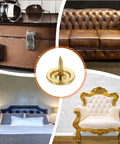 Gold Flat Head Upholstery Thumb Tacks 100 Count Top Shelf Decorative Push Nails on a brown leather sofa and suitcase.