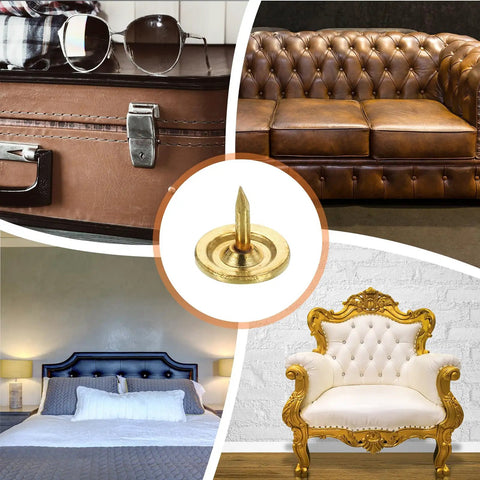 Gold Flat Head Upholstery Thumb Tacks 100 Count Top Shelf Decorative Push Nails on a brown leather sofa and suitcase.