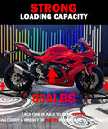 Motorcycle Front And Rear Stand Combo With 4 Pulley Wheel Lift in use, supporting a red motorcycle, strong loading capacity displayed.