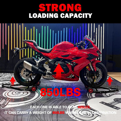 Motorcycle Front And Rear Stand Combo With 4 Pulley Wheel Lift in use, supporting a red motorcycle, strong loading capacity displayed.