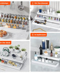 Three Tier Expandable Spice Rack Organizer For Cabinet And Countertop Fully Adjustable Width Design Dead Simple Pantry Layout White Matte Finish displayed in kitchen, bathroom, dresser, and desk.