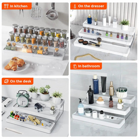 Three Tier Expandable Spice Rack Organizer For Cabinet And Countertop Fully Adjustable Width Design Dead Simple Pantry Layout White Matte Finish displayed in kitchen, bathroom, dresser, and desk.