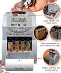 Digital Coin Sorter And Counter Machine With Automatic Currency Separator And Clear Display Tracks Total Value And Count Sorted Up To Two Hundred Coins Per Minute For No Sweat Cash Handling Jobs with coins being poured.