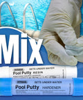 Pool Putty 2 Part Set For Easy DIY Pool And Spa Repairs Underwater Or Above Surface Leaks, shows resin and hardener tubes with pool